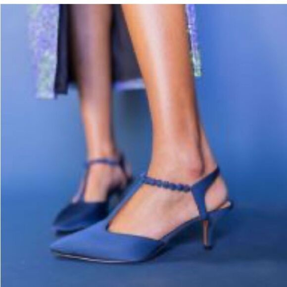 J. Renee NIMAH Navy Blue Sparkle Bead Pointed Toe T Strap Slingback Heels - Picture 2 of 16